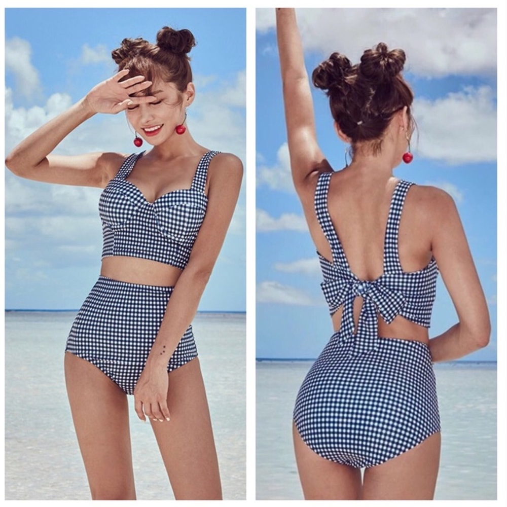 Retro Blue and White Checkered Swimsuit